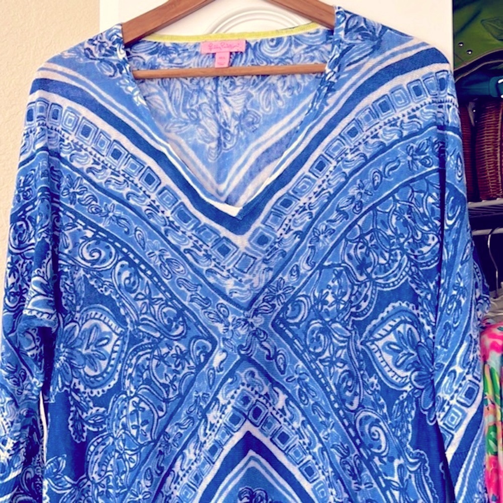 Lilly Pulitzer Jameson Sweater Blue Crush Open Water Linen Top